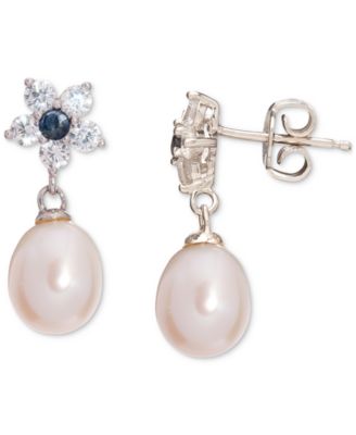 Baroque Cultured Freshwater Pearl (9x7mm), Sapphire (1/3 ct. t.w.) & Cubic Zirconia Flower Pendant Necklace & Drop Earrings Set in Sterling Silver