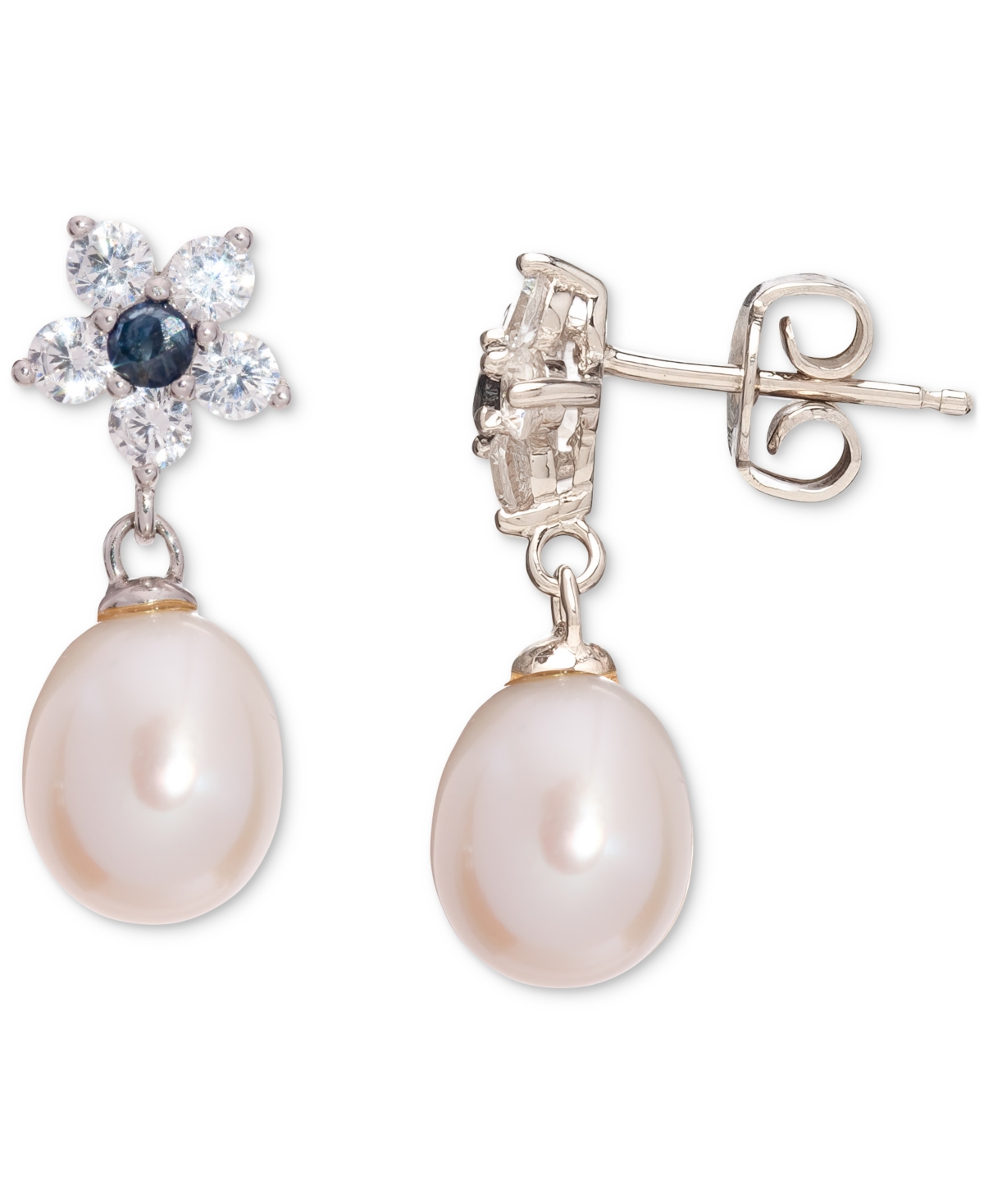 Macy's Baroque Cultured Freshwater Pearl (9x7mm), Sapphire (1/3 Ct. T.w.) & Cubic Zirconia Flower Pendant N
