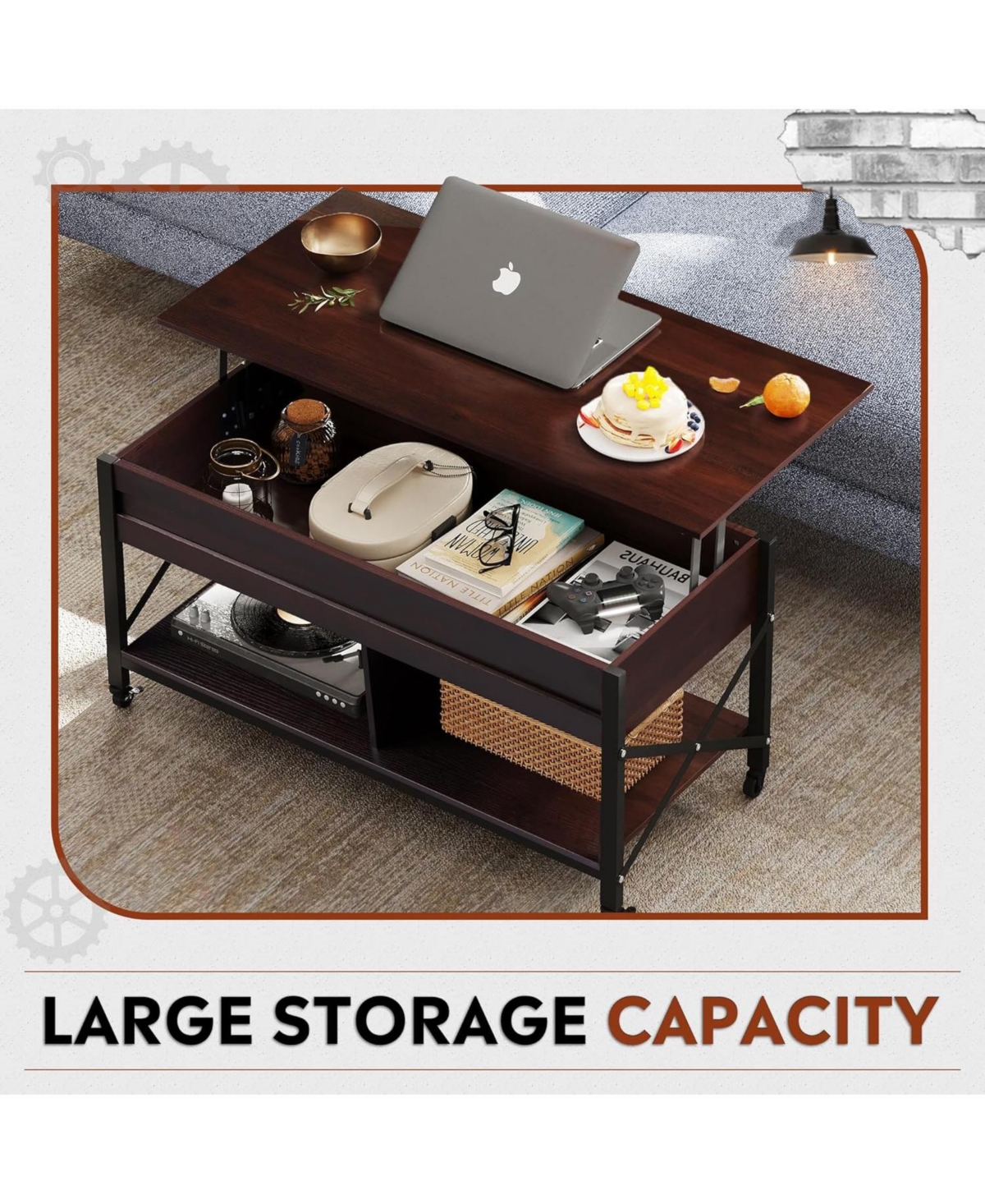 Wlive Lift Top Coffee Table for Living Room, Coffee Table with Storage, Hidden Compartment and Metal Frame, Central Table with 4 Casters for Reception