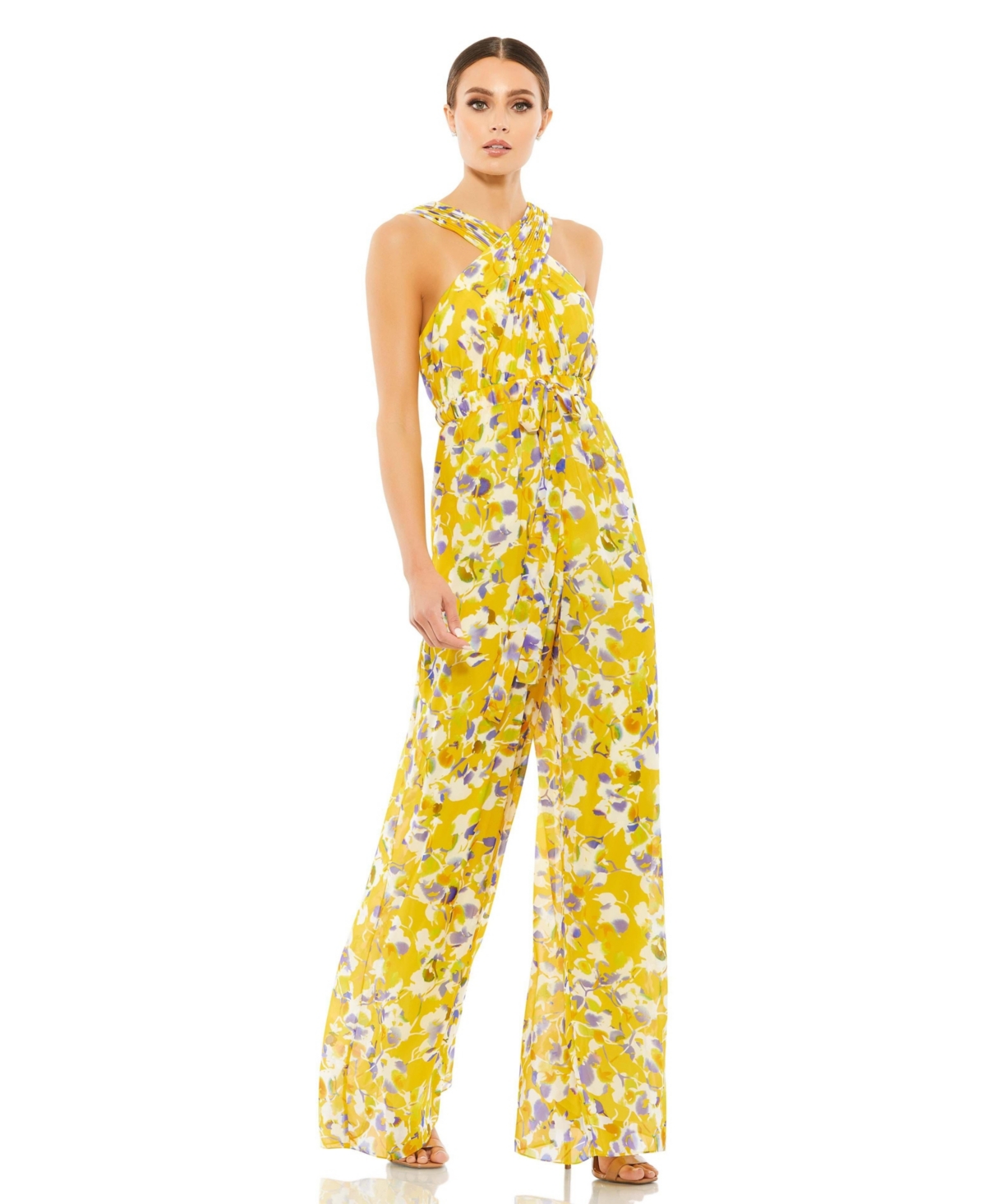 Women's Crossed Halter Tie Waist Jumpsuit - Yellow multi