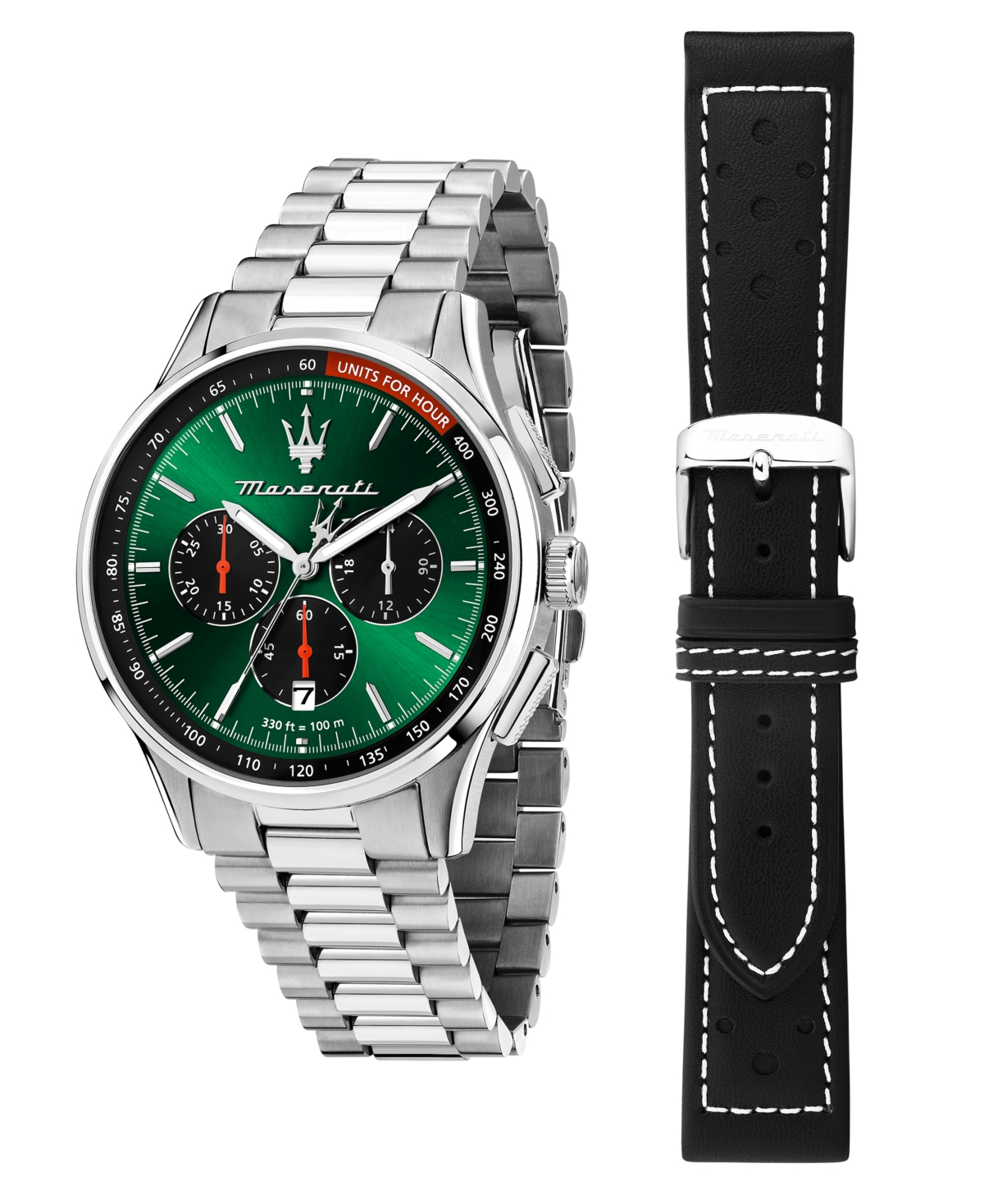 Men's Chronograph Stainless Steel and Black Leather Interchangeable Watch Set, 42mm - Stainless Steel, Black