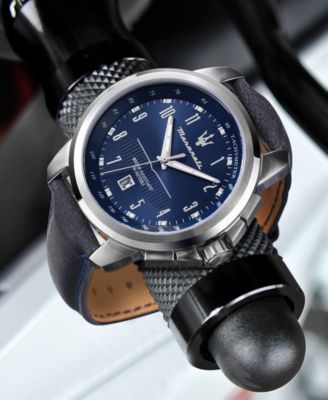 Men's Date Blue Leather Watch, 44mm