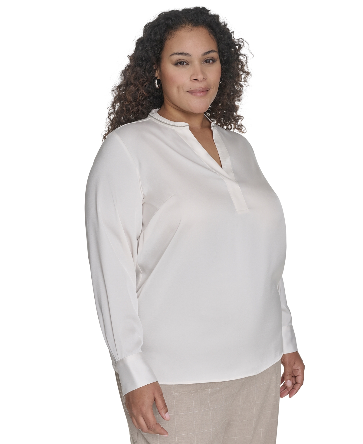 Shop Calvin Klein Plus Size Solid Charmeuse Split-neck Blouse In Cream