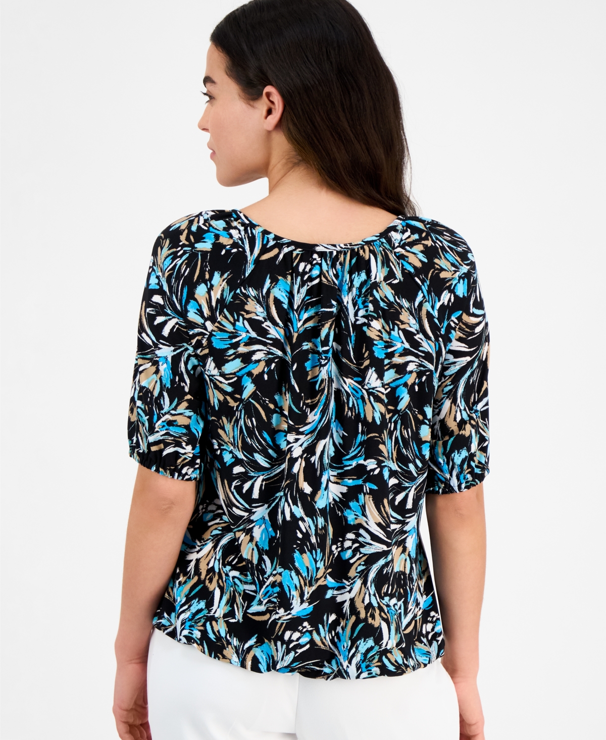 Ak Anne Klein Petite Printed Scoop-neck Elbow-sleeve Top