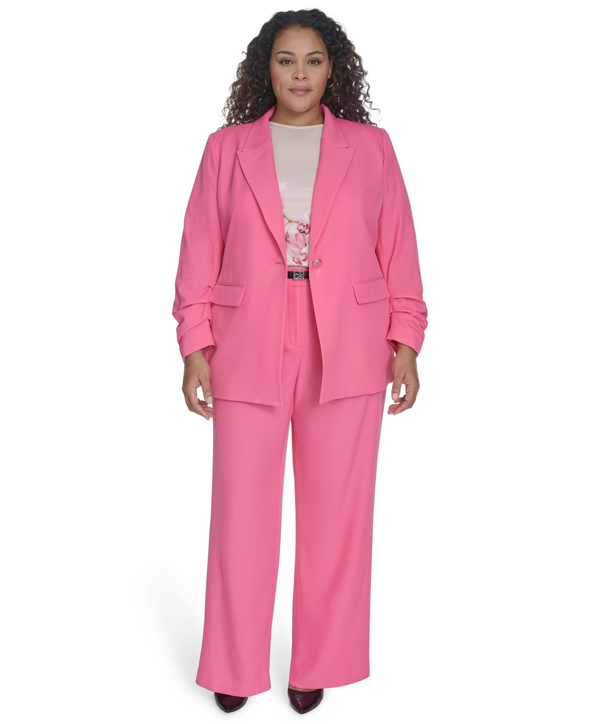 Shop Calvin Klein Plus Size One-button Ruched-sleeve Jacket In Peony