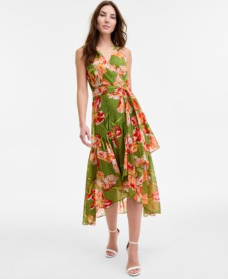 Anne Klein - Women's Floral-Print High-Low Faux-Wrap Dress