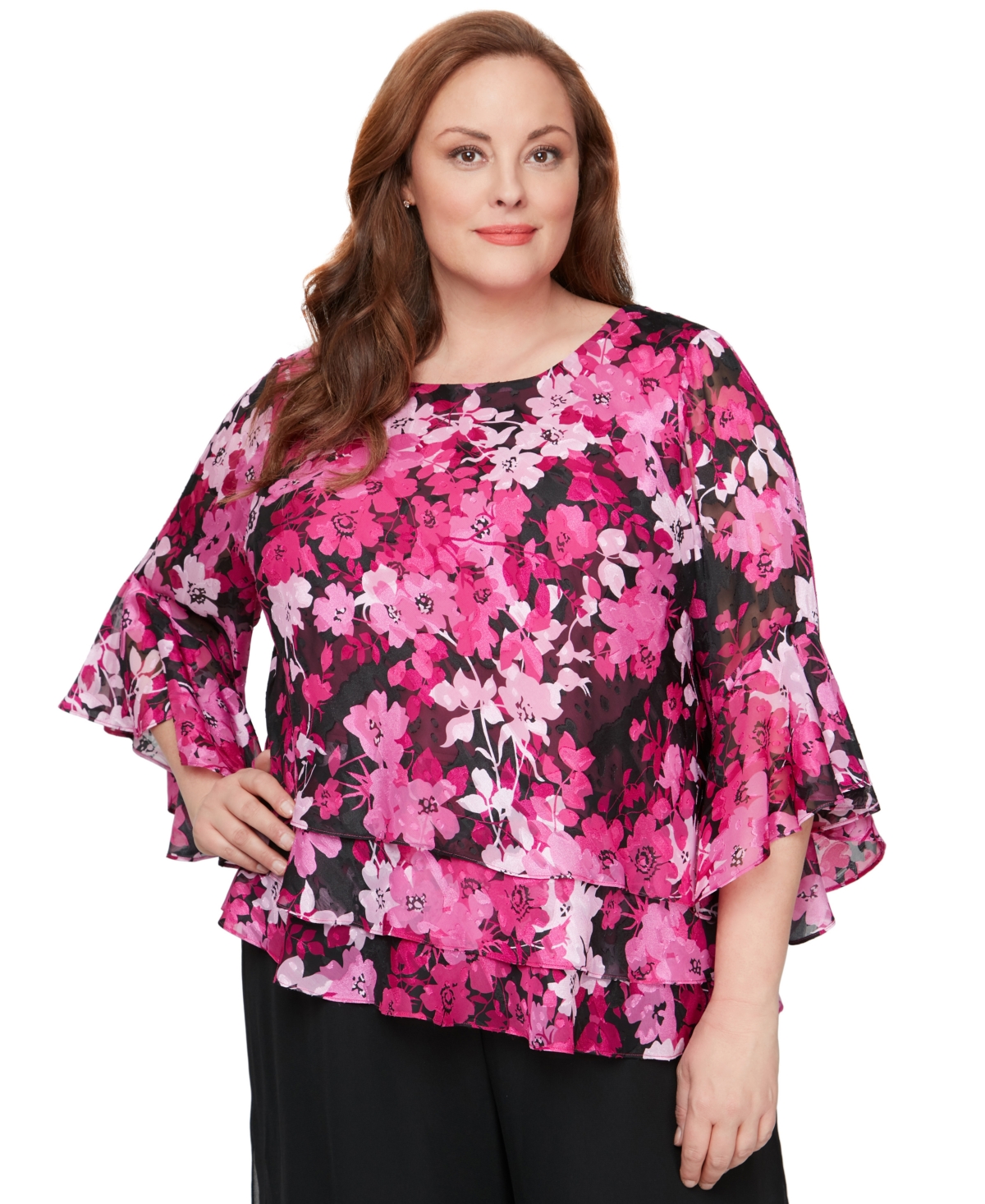 Plus Size Printed Scoop-Neck 3/4-Sleeve Top - Black/Fuchsia