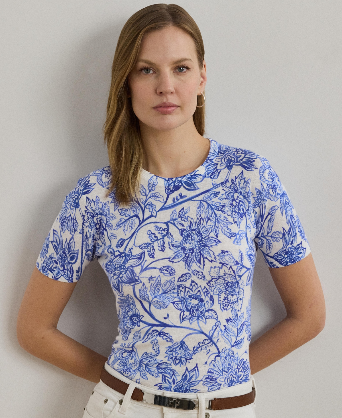 Women's Floral Linen-Cotton Short-Sleeve Sweater - White/Blue