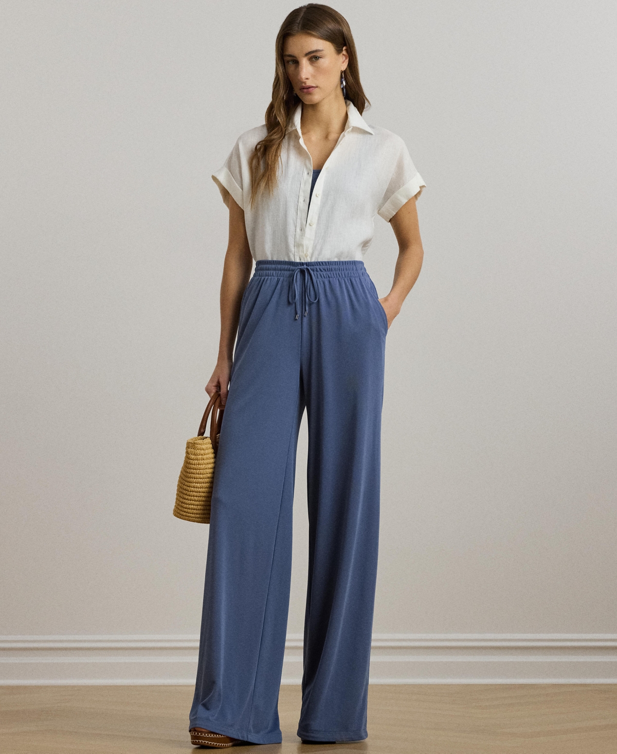 Women's Stretch Jersey Wide-Leg Drawcord Pants - Capri Blue