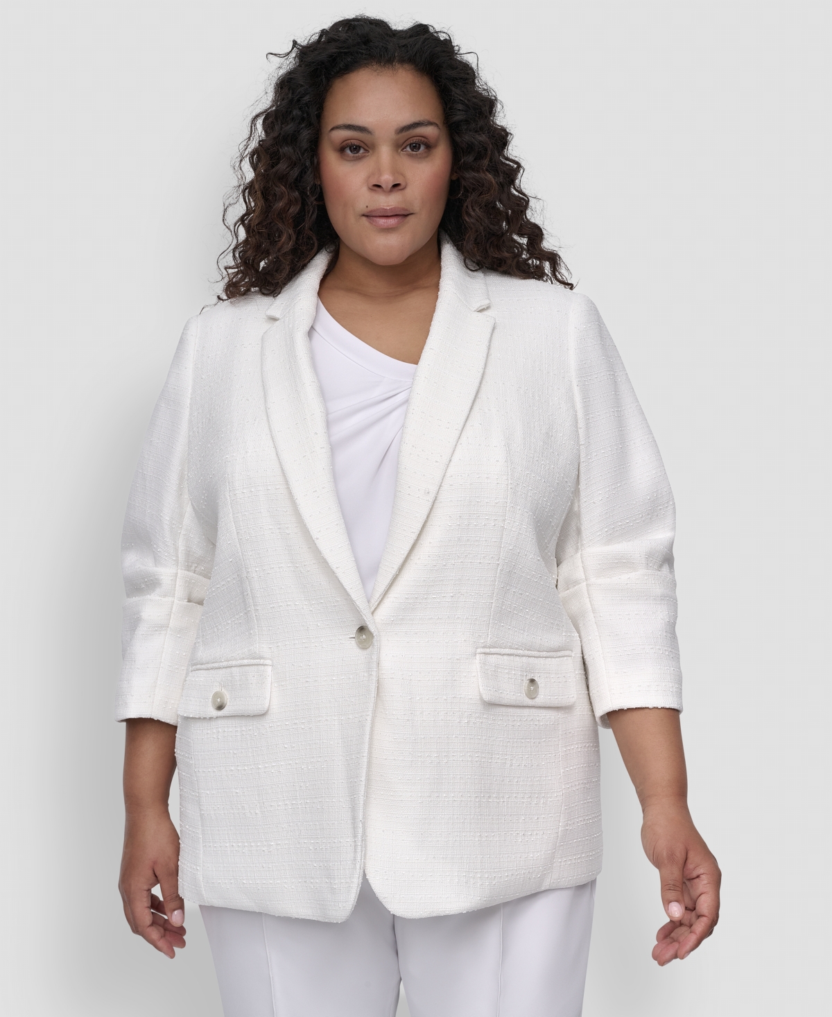 Dkny Plus Size Ruched-sleeve One-button Blazer