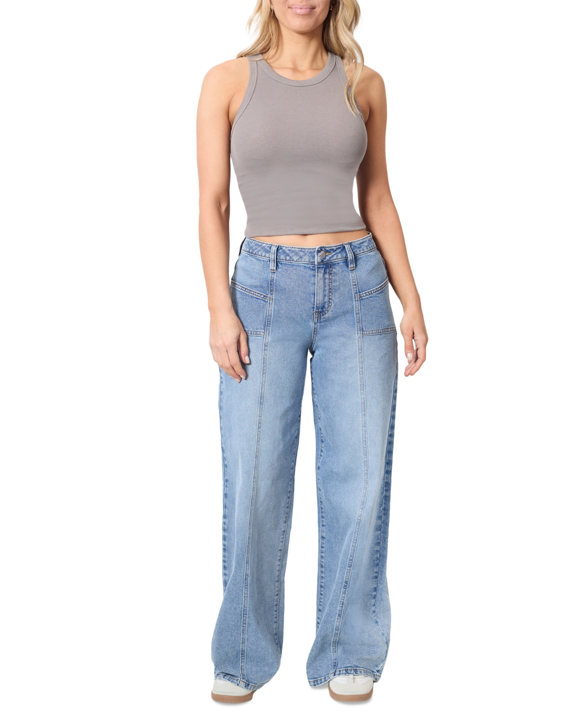 Juniors' Seam-Front High-Rise Wide-Leg Jeans - Medium Wash