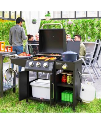 3 Burner Gas Grill with Side Burner and Shelves, Propane BBQ Grill