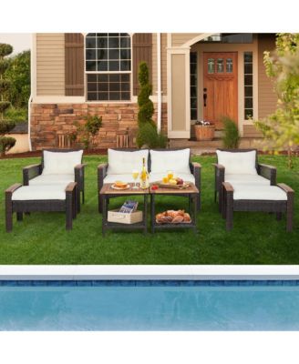 7 Piece Outdoor Wicker Conversation Set Patio Rattan Sofa Set  w/ Coffee Tables Cushions