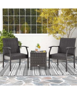 3 Piece Patio Weather Resistant Conversation Set Wicker Chair w/ Quick Dry Foam Tempered Glass Table