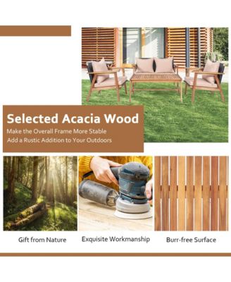 4 Piece Patio Conversation Set Outdoor Furniture Set  w/ Cushions & Wood Frame