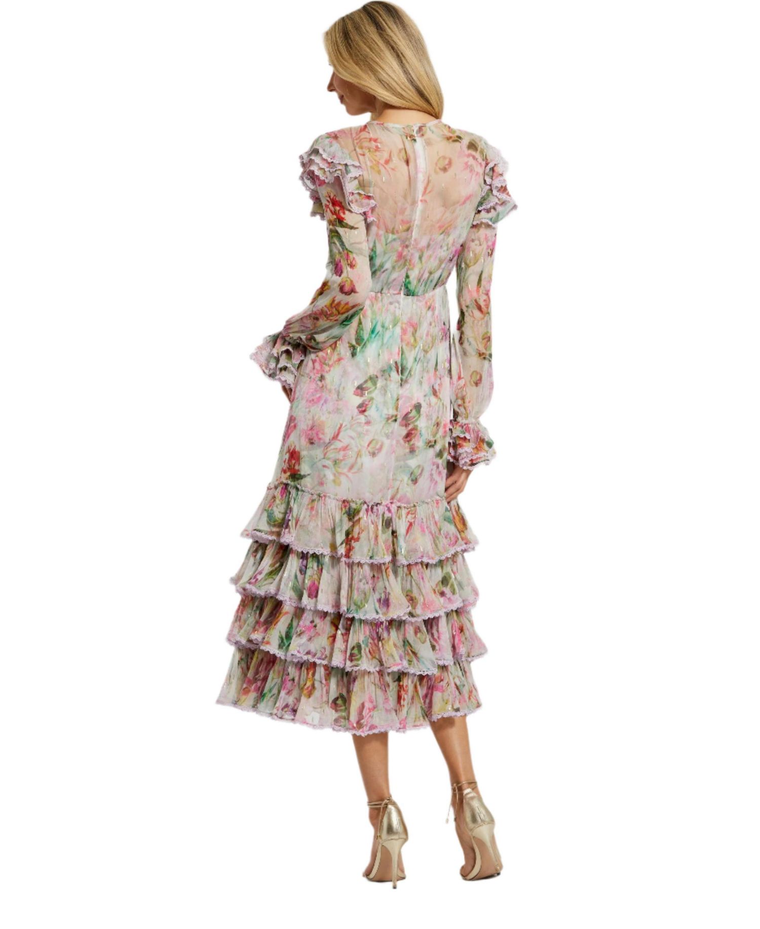 Women's Long Sleeve Tie Neck Ruffle Detail Floral Dress