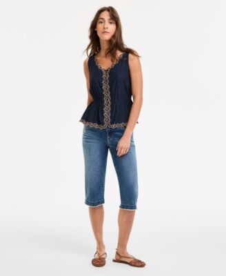Womens Embroidered Peplum Top Ab Solution Skimmer Fray Hem Cropped Jeans