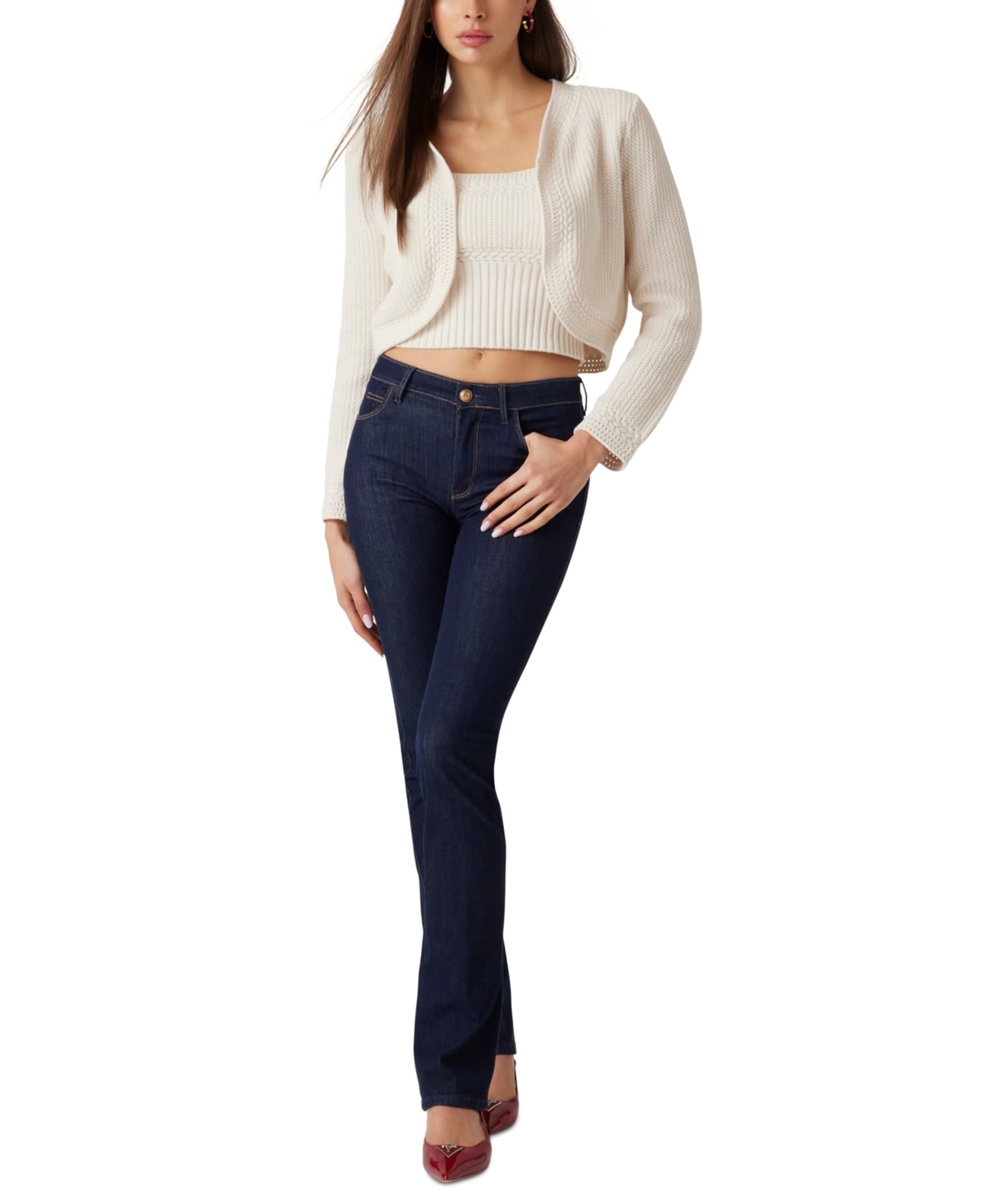 Guess Erynn Mix Stitch Crop Cardigan In Natural Multi