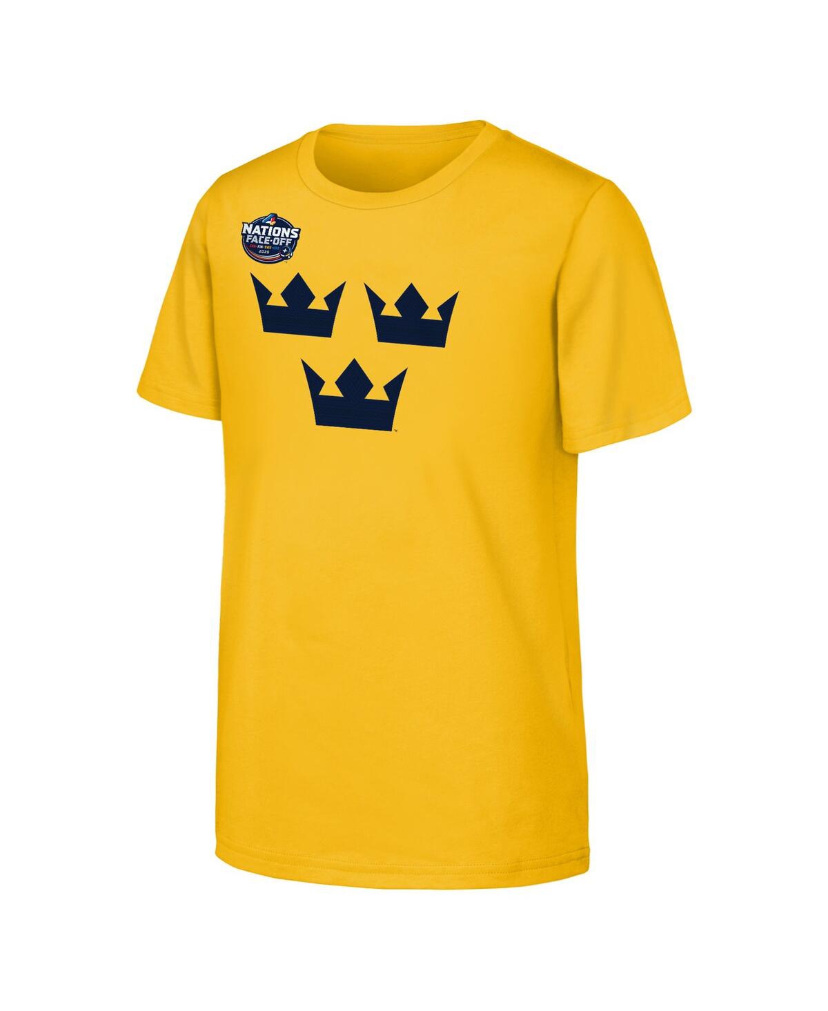 OUTERSTUFF BIG BOYS AND GIRLS MIKA ZIBANEJAD GOLD SWEDEN 2025 4 NATIONS FACE-OFF PLAYER NAME NUMBER T-SHIRT 