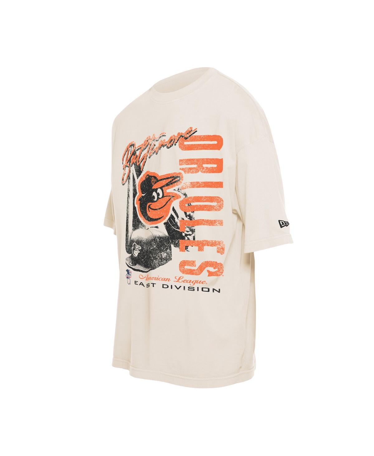 NEW ERA MEN'S CREAM BALTIMORE ORIOLES COOPERSTOWN COLLECTION OVERSIZED THROWBACK DISTRESSED T-SHIRT 