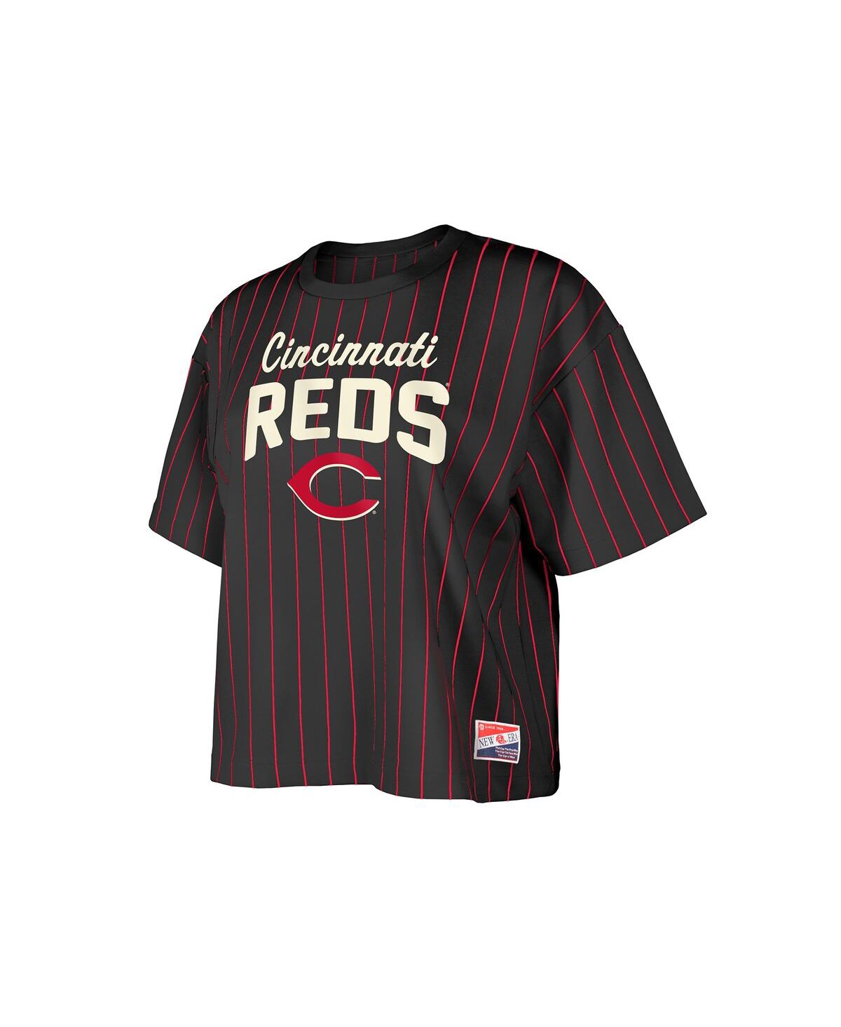 NEW ERA WOMEN'S BLACK CINCINNATI REDS COOPERSTOWN COLLECTION MULTIPLIER PINSTRIPE CROPPED T-SHIRT 