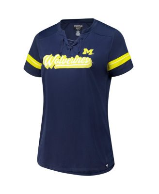 Women's Navy Michigan Wolverines Plus Size Overtime Readiness Lace-Up T-Shirt