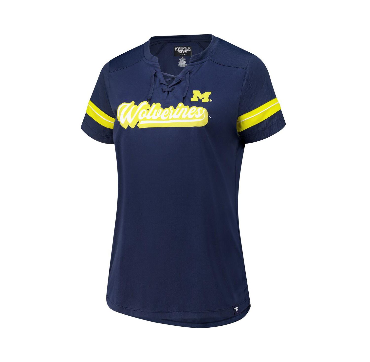 Women's Navy Michigan Wolverines Plus Size Overtime Readiness Lace-Up T-Shirt