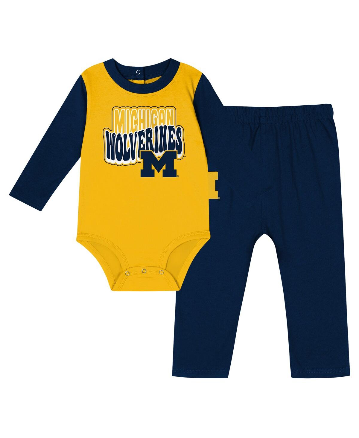 Outerstuff Baby Boys And Girls 2-piece Michigan Wolverines Double Up Long Sleeve Bodysuit And Pant Set In Navy