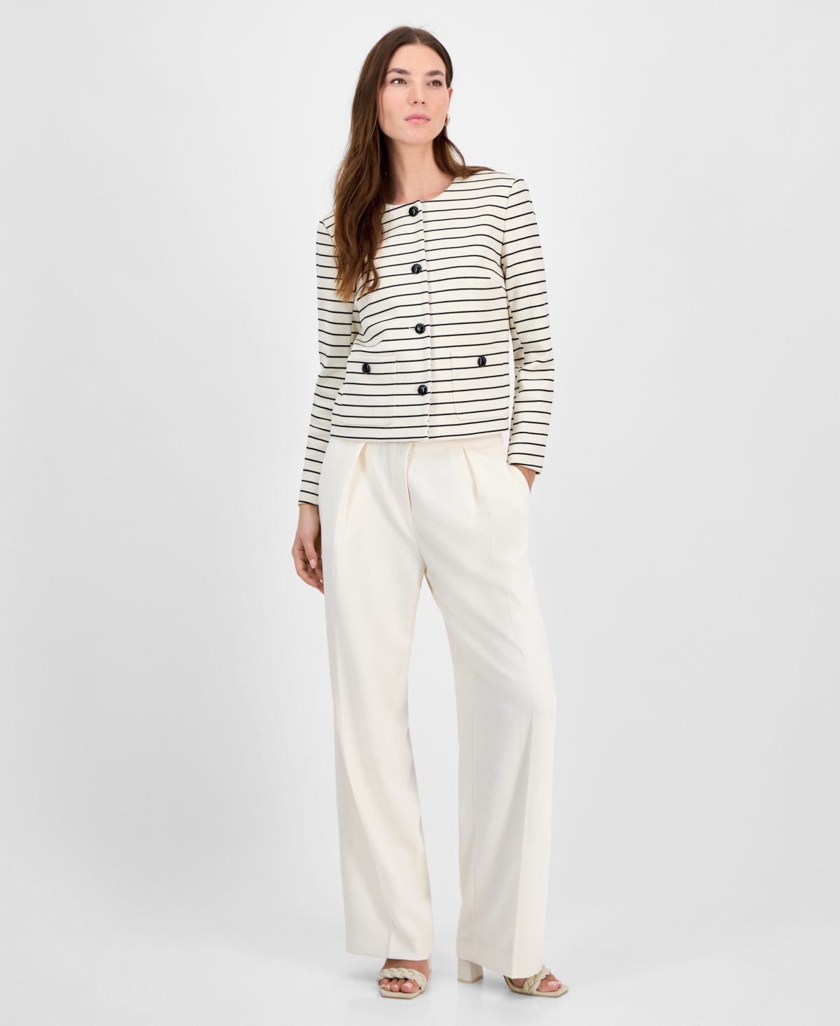 Bar Iii Women's Striped Knit Button-front Cropped Jacket, Exclusively At Macy's In Bar White,black