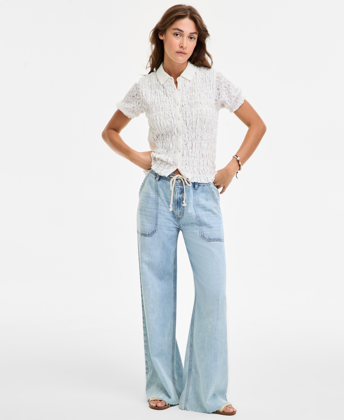 Women's Patch Pocket Drawstring-Waist Wide-Leg Jeans - Strike Out