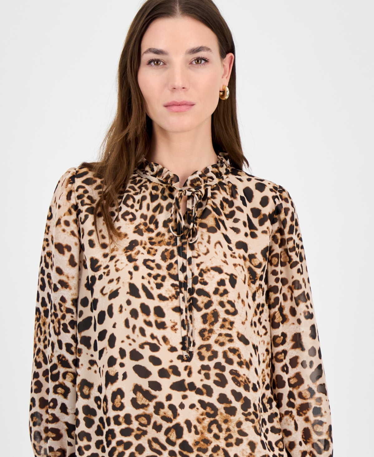 Bar Iii Women's Animal-print Ruffled Tie-neck Blouse, Exclusively At Macy's In Desert Sand Multi