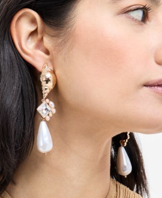 Gold-Tone Crystal & Imitation Pearl Shell Linear Drop Earrings, Exclusively at Macy's