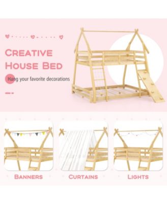 Twin Over Queen Bunk Bed Wooden Kids Bed with Climbing Nets and Ramp