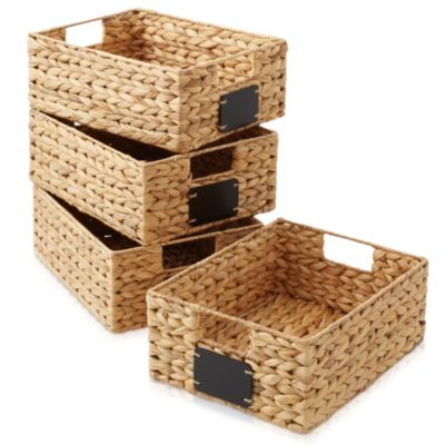 (Set of 4) Water Hyacinth 10"x13"x5" Pantry Baskets w/ Chalkboard Labels and Marker - Natural, Woven Storage Bins for Kitchen Shelves