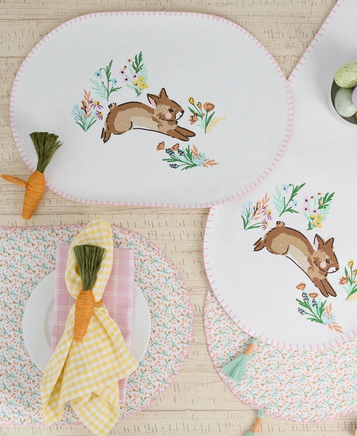 Design Imports Spring Bunny Embellished Cotton Reversible Table Runner, 14"x72" In Off White