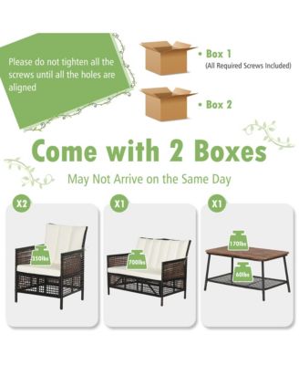 4 Piece Patio PE Wicker Conversation Furniture Set w/ Acacia Wood Tabletop & Cushions