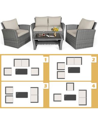 4 Piece Outdoor Furniture Set Patio Rattan Conversation Set w/ Cushions