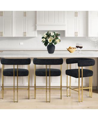 Set of 3 Counter Stools – Chenille Upholstered with Metal Legs