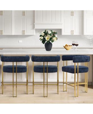 Set of 3 Counter Stools – Chenille Upholstered with Metal Legs