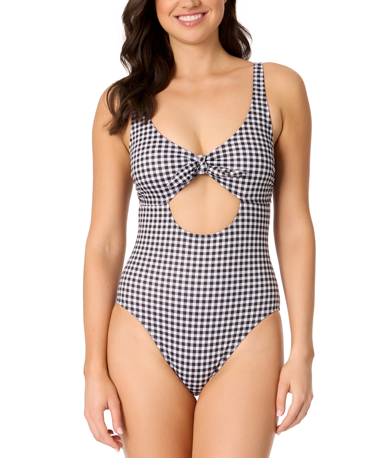 Juniors' Cutout Plaid One-Piece Swimsuit, Exclusively at Macy's - Black/white Print