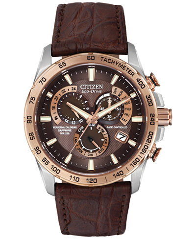 Citizen Men's Perpetual Chronograph AT Eco-Drive Brown Leather Strap Watch 42mm AT4001-00X