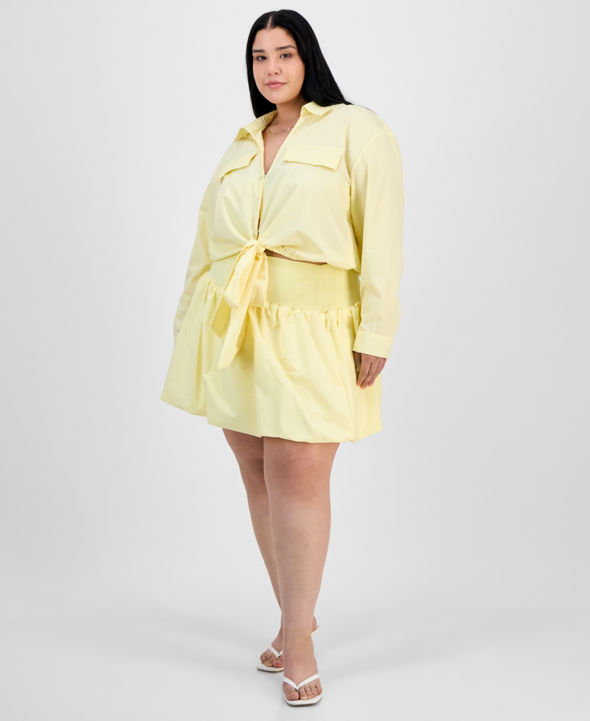 Trendy Plus Size Collared Tie-Hem Shirt & Bubble-Hem Skirt - Double Cream