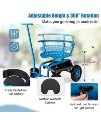 Height Adjustable Swivel Seat and Storage Basket Rolling Garden Cart