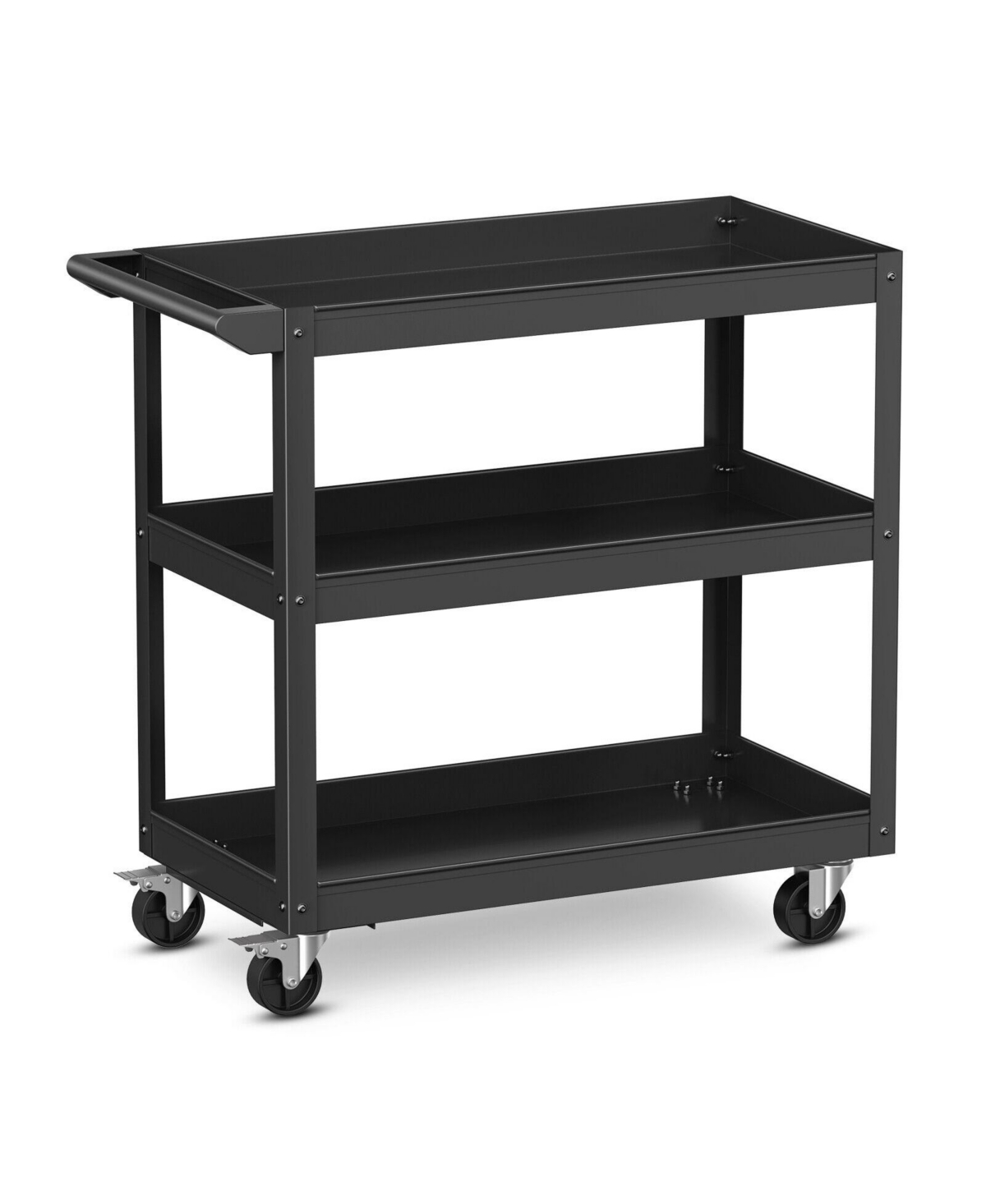 3-Tier Metal Utility Cart Trolley Tool with Flat Handle and 2 Lockable Universal Wheels - Black