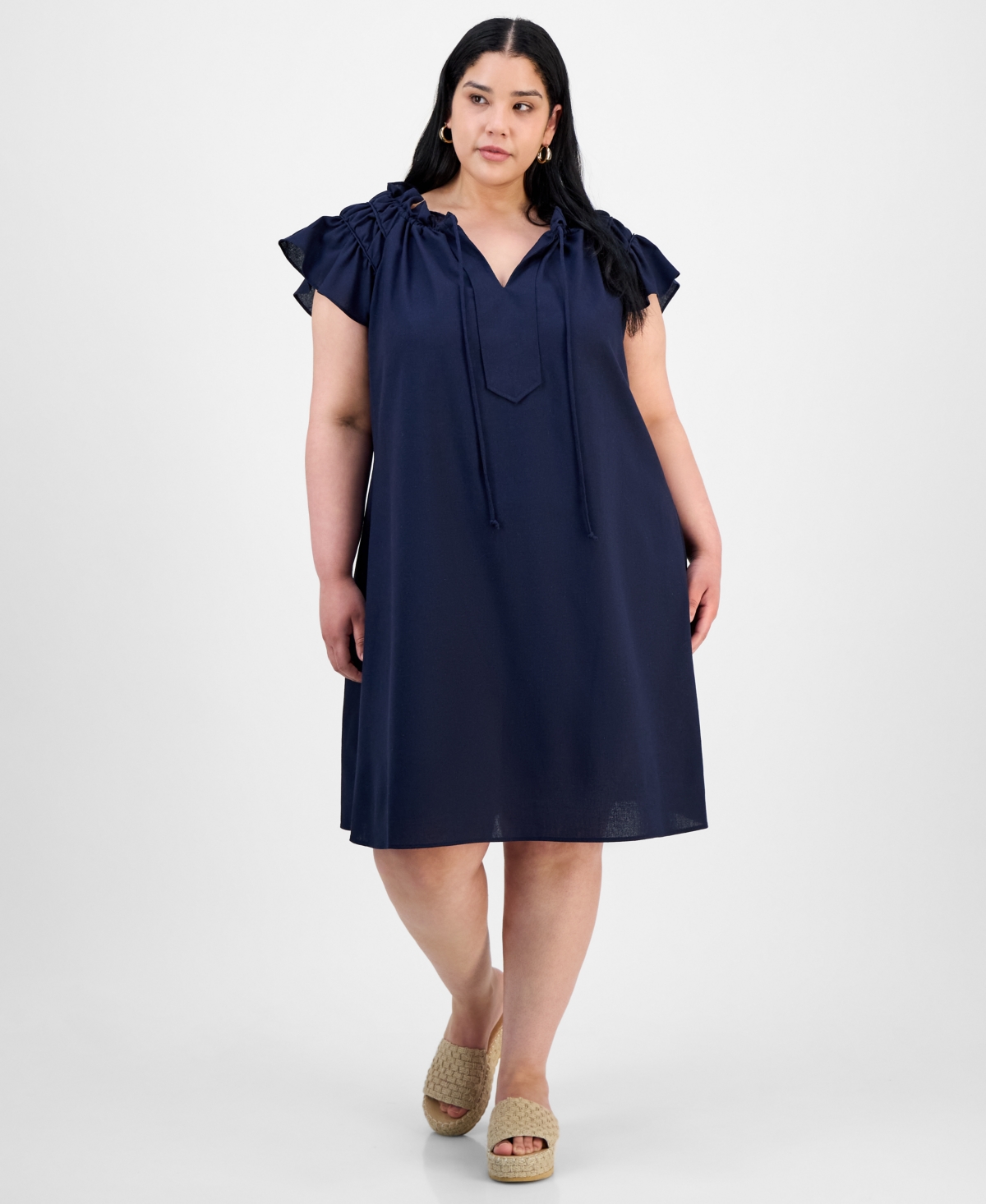 ROBBIE BEE PLUS SIZE FLUTTER-SLEEVE TIE-NECK SHIFT DRESS 