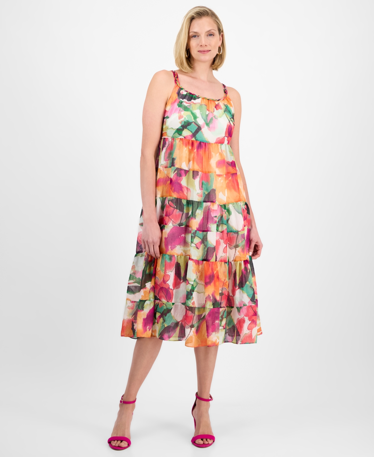 Robbie Bee Petite Printed Sleeveless Tiered Midi Dress