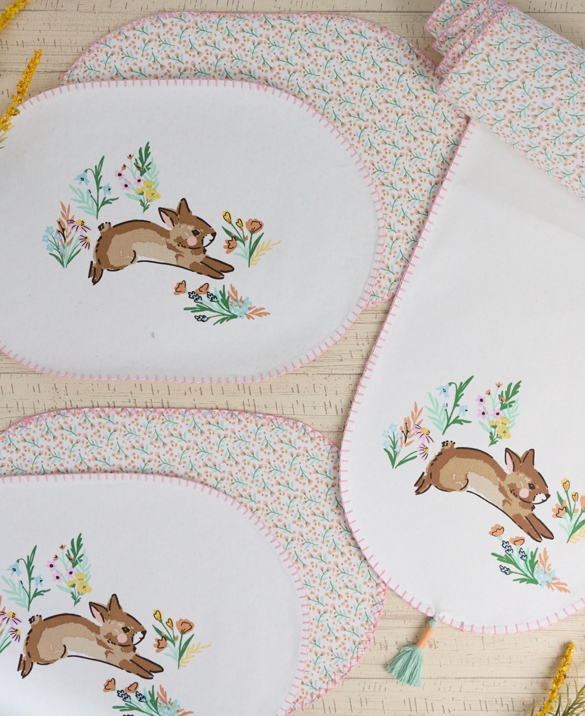 Design Imports Spring Bunny Embellished Cotton Table Runner And Placemats Set In Off White