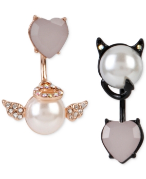 image of Betsey Johnson Two-Tone Faux-Pearl and Crystal Angel and Devil Front and Back Mismatch Earrings