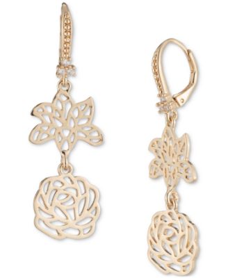 Marchesa - Gold-Tone Crystal Openwork Flower Double Drop Earrings