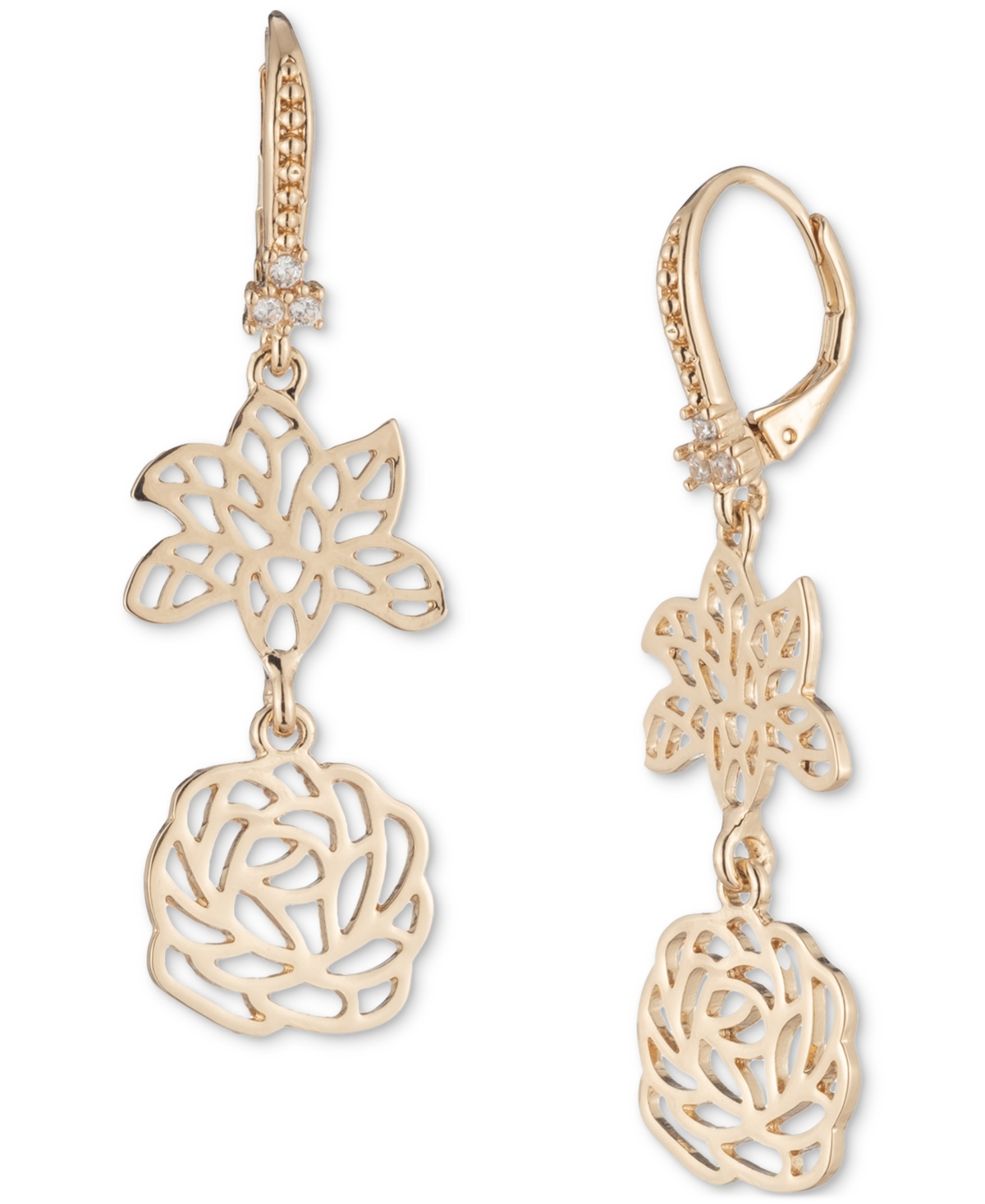 Gold-Tone Crystal Openwork Flower Double Drop Earrings - Crystal White